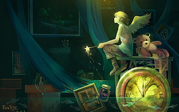 Thinking boy, wings, wand, bear, boy, clock, blonde hair, angel, paintings HD wallpaper