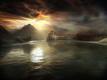 ERAT, river, rays, beautiful, nice, wind, fantasy, cool, clouds, sky, new, mountains, sun HD wallpaper