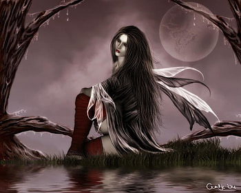 Goth fairy, night, river, wings, girl, beautiful, dark, woman, moon, forest HD wallpaper