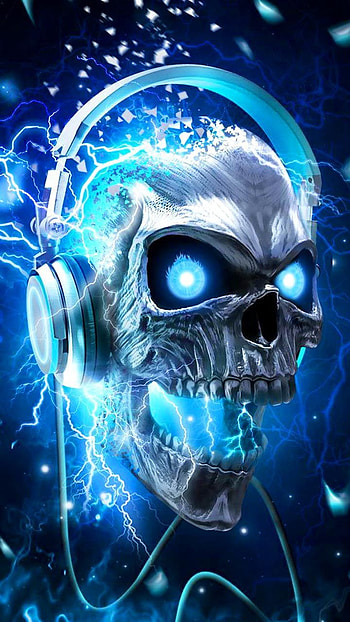Skull music head art. Neon blue metallic skull design art. HD phone wallpaper