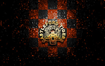 Castleford Tigers, glitter logo, SLE, orange black checkered background, rugby, english rugby club, Castleford Tigers logo, mosaic art HD wallpaper