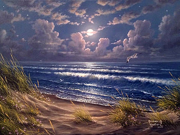 Moonlight, night, sea, art, abraham hunter, beach, summer, painting, moon, pictura, luna, water, vara HD wallpaper