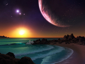 Sunset, Art, Sea, Rocks, Planet, Surf HD wallpaper