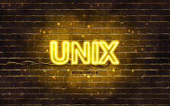 Unix yellow logo, , yellow brickwall, Unix logo, operating systems, Unix neon logo, Unix HD wallpaper
