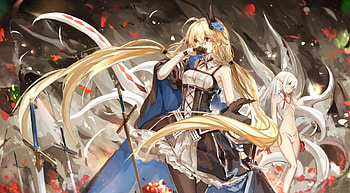 It's over!, pixiv fantasia, awesome, nice, petals, blonde hair, female, sexy, sweet, sword, monster, elf, anime girl, anime, fantasy, pretty, white hair, cute, fight, red eyes, goddess, dress, long hair, white eyes, beauty, game, friends, magic, beautiful, beauties, anime girls, vampire, swords, cool, weapon, flowers, queen HD wallpaper