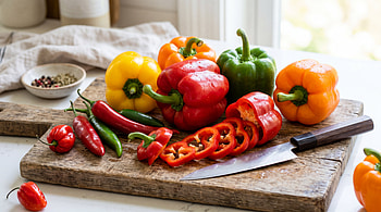 : Vibrant Pepper Medley, Bell Pepper, Knife HD wallpaper