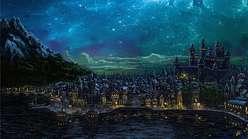 City, Fantasy, Castle, Lake, Mountain HD wallpaper