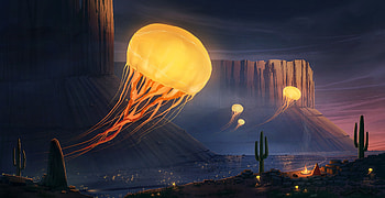 Art, Canyon, Jellyfish, Cactus HD wallpaper
