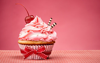 Cupcake, sweet, dessert, food, pink, cherry, red, fruit, bow HD wallpaper