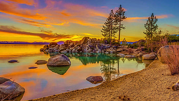 Lake Tahoe Majestic Sunset, california, clouds, sky, rocks, usa, stones HD wallpaper