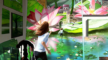 fantasy girl, chair, girl, lake, flower HD wallpaper