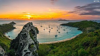 Bay Sunset, boats, bay, clouds, sky, nature, rocks, sunset HD wallpaper