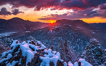 Rocky Mountains, evening, sunset, winter, mountain landscape, Rocky Mountain National Park, snow, mountains, Colorado, USA HD wallpaper