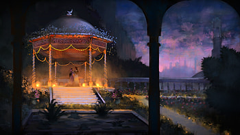 Romantic moment, night, gazebo, lovers, dark, rohan adel, fantasy, light, pavilion, moment, couple, arabian, romantic, luminos HD wallpaper