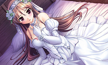 Eris Floralia, sexy, hot, long hair, dress, beauty, anime girl, bedroom, wedding, hair flower, cool, brown hair, blush, hairband, female HD wallpaper