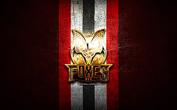 HC Bolzano Foxes, golden logo, ICE Hockey League, red metal background, austrian hockey team, HC Bolzano Foxes logo, hockey, HC Bozen-Bolzano, HC Bolzano HD wallpaper