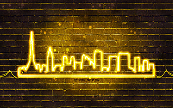 Tokyo yellow neon silhouette, , yellow neon lights, Tokyo skyline silhouette, yellow brickwall, japanese cities, neon skyline silhouettes, Japan, Tokyo silhouette, Tokyo HD wallpaper