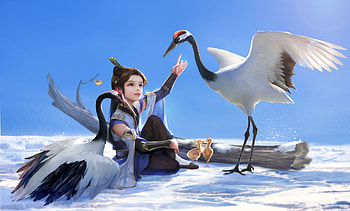 :), blue, winter, frumusete, white, bird, cute, crane, girl, fantasy, iarna, luminos HD wallpaper
