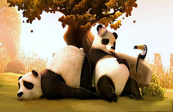 Taking it easy, bears, pandas, resting, bird, black and white, grass, tree HD wallpaper