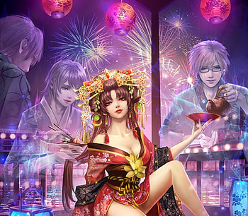 Rhadamanthys, fantasy, asian, serenity2200, girl, lanyern, fireworks, kimono, geisha, eudia chae, purple, pink HD wallpaper