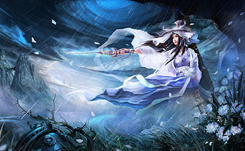 Fantasy girl, blue, white, sword, rain, asian, girl, woman, wind, fantasy, flower, storm HD wallpaper