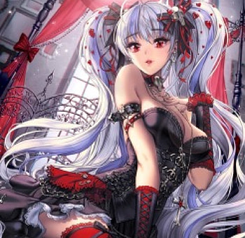 Dark Lollita, windows, cute, necklace, long hair, lollita, dress, lady, twintails, female, art, girl, gloves, beautiful, dark, woman, tie, anime girl, anime, pretty, white hair, red HD wallpaper