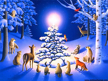 Merry Christmas young friends, winter, blue, light, animals, snow, tree HD wallpaper