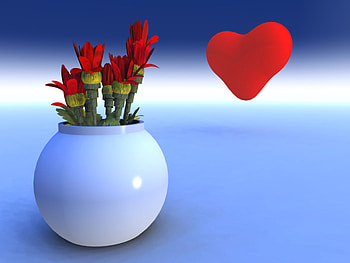heart and flower, blue, 3d, flower, love, vase, heart HD wallpaper