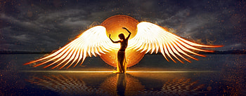 Light wings, creative, moon, fantasy, eric pare, angel, girl, orange HD wallpaper