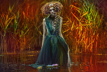 Nimph, blue, agnieszka lorek, model, blonde, girl, orange, lake, woman, summer HD wallpaper