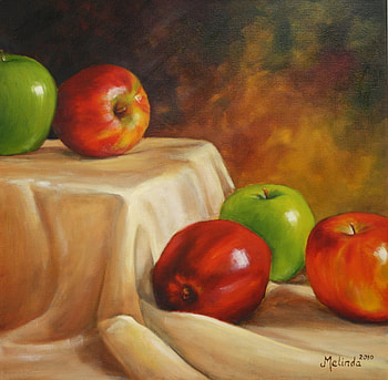 Still life with apples by Melinda Hershberger, still life, painting, art, green, red, apple, melinda hershberger HD wallpaper