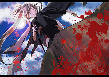 Karasuba, long hair, trench coat, blood, sun, female, shorts, sword, smile, thigh highs, edge, weapons, sun rays, anime girl, closed eyes, anime, white hair, cool, clouds, sekirei, sky, katana, cliff, solo HD wallpaper