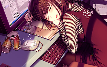 Sleeping Girl, anime, tide, girl, computer, sleeping HD wallpaper