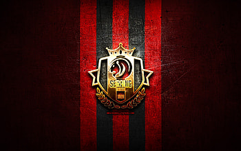 Seraing United FC, golden logo, Jupiler Pro League, red metal background, football, belgian football club, Seraing United logo, soccer, RFC Seraing United HD wallpaper