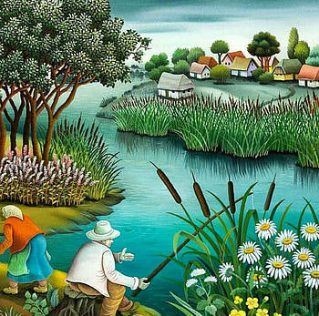 Ivan Stefanek, painting, art, daisy, fish HD wallpaper