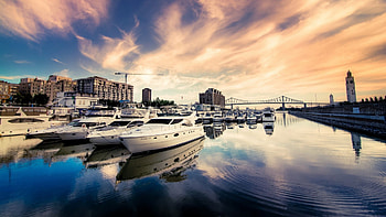 Harbor, sea, boat, clouds, sky HD wallpaper
