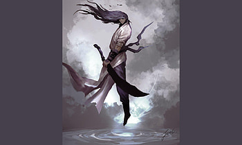 Whispering Wind, grey background, sword, long hair, weapons, storm riders, wind, lone, anime, comics, movies, water, floating, male, solo, warrior HD wallpaper