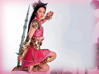 YIFEI LIU, PINK OUTFIT, SWORD, BRUNETTE, LEOPARD SKIN PATTERN, BELT HD wallpaper