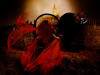 Passion in red, dove, bird, girl, woman, messenger, lady, darkness, fantasy, red, passion, castle HD wallpaper