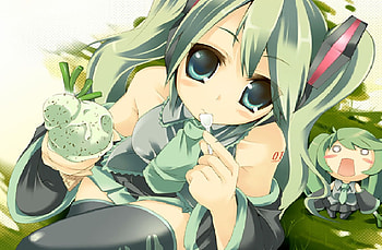 ice cream miku, mini miku, miku, mint, ice cream, leeks HD wallpaper