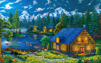 Countryside paradise, peaceful, mountain, lake, cabin, serenity, painting, sky, cottage, forest, countryside, village, colorful, wooden, boat, fishing, relax, art, paradise, beautiful, outdoor, rest HD wallpaper