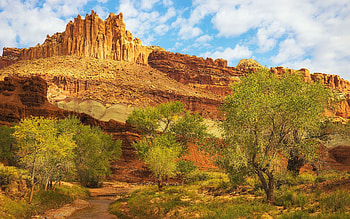 Dappled light passes across The Castle at Capitol Reef National Park, Utah, rocks, stones, landscape, trees, clouds, sky, usa HD wallpaper