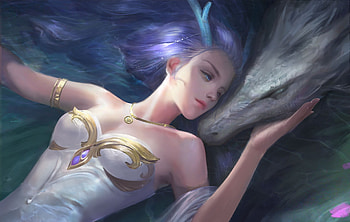 Dragon lady, blue, white, art, fantasy, dragon, luminos, girl, evian, frumusete HD wallpaper