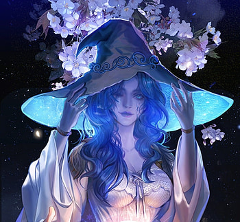 Ranni, fantasy, fanyang, girl, witch, hat, blue, black, fan yang, flower, sakura HD wallpaper