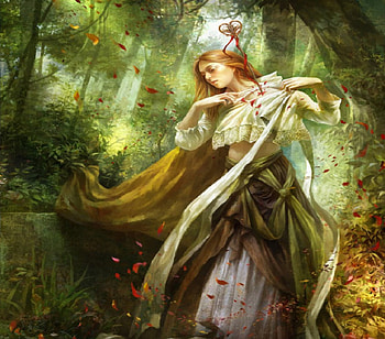 Wounded By Love, fantasy, arrow, heart, forest, woman HD wallpaper