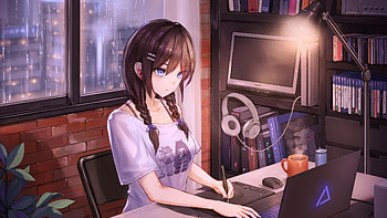 Cozy Anime Girl Gaming Setup, anime-girl, computer, artist, artwork, art, digital-art, artstation HD wallpaper