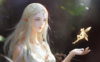 Encounter, fairy, frumusete, fantasy, art, wang xiao, girl, luminos, hand HD wallpaper