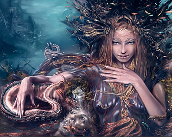 Evil Sea Witch, sea, ship, sea witch, body, sharks, tentacle HD wallpaper