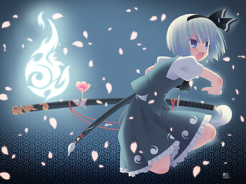 Cherry Blossoms, silver hair, cute, dress, beauty, short hair, sakura petels, sexy, cherry blossom petals, sword, blue eyes, hot, flame, beautiful, anime girl, sakura, katana, fire HD wallpaper