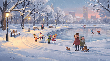 Winter Park Stroll —, Snowy Park, Winter, Ice Skating, Snowman HD wallpaper